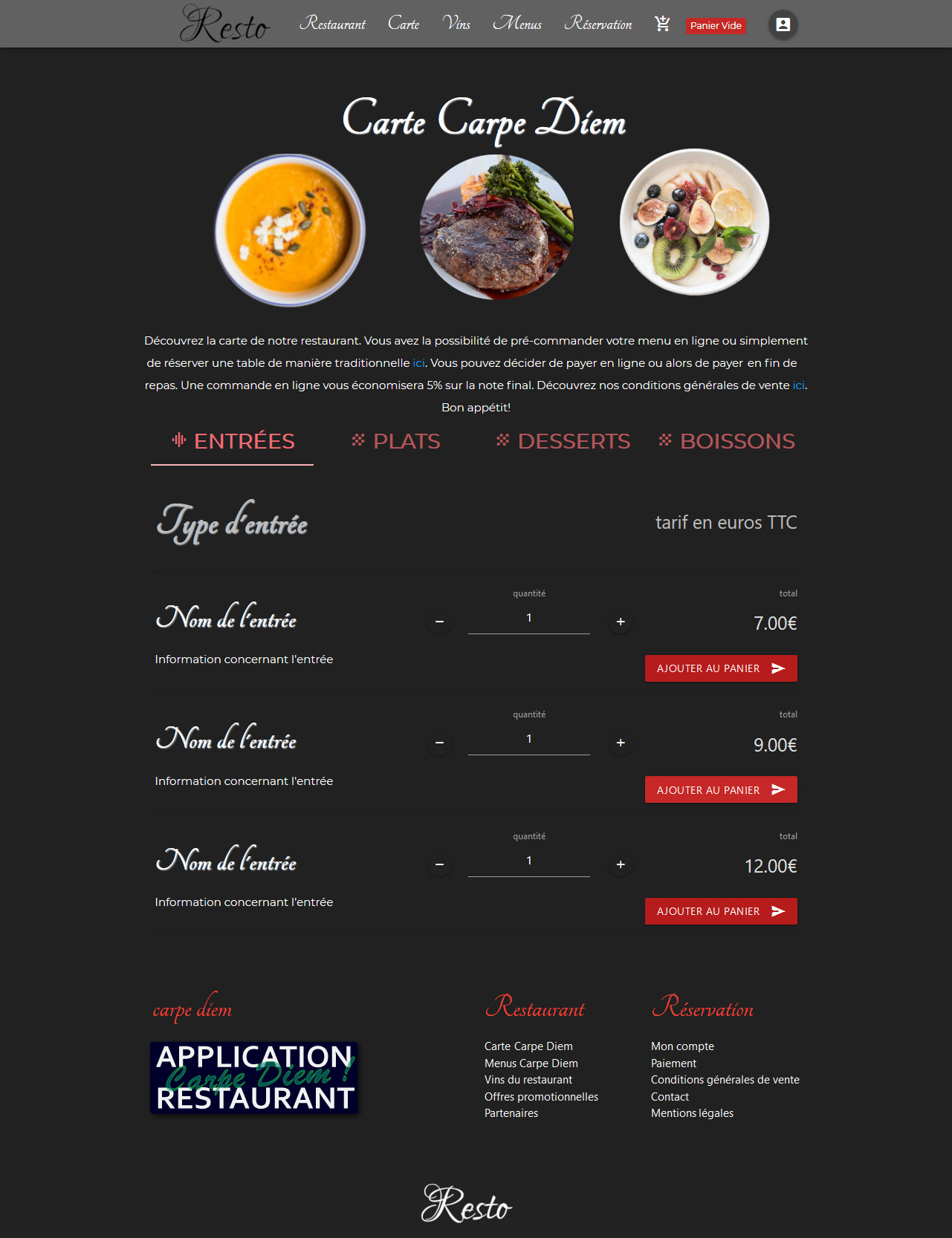 création du menu du site internet pour restaurant